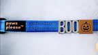 Blue Pawz Please collar with charms spelling BOO and square charm with pumpkin design on a white background