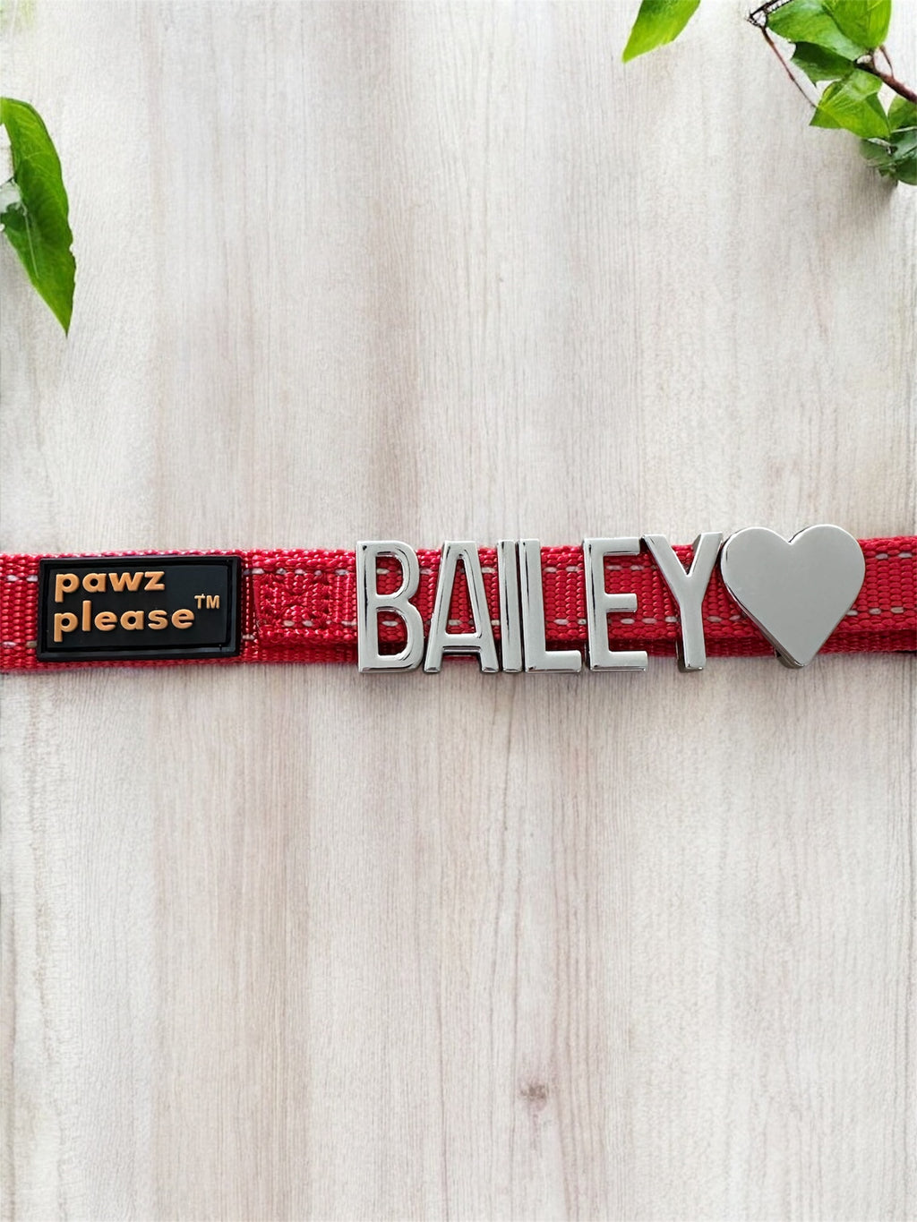 Red Pawz Please collar with 'BAILEY' and heart charm on a light wooden background